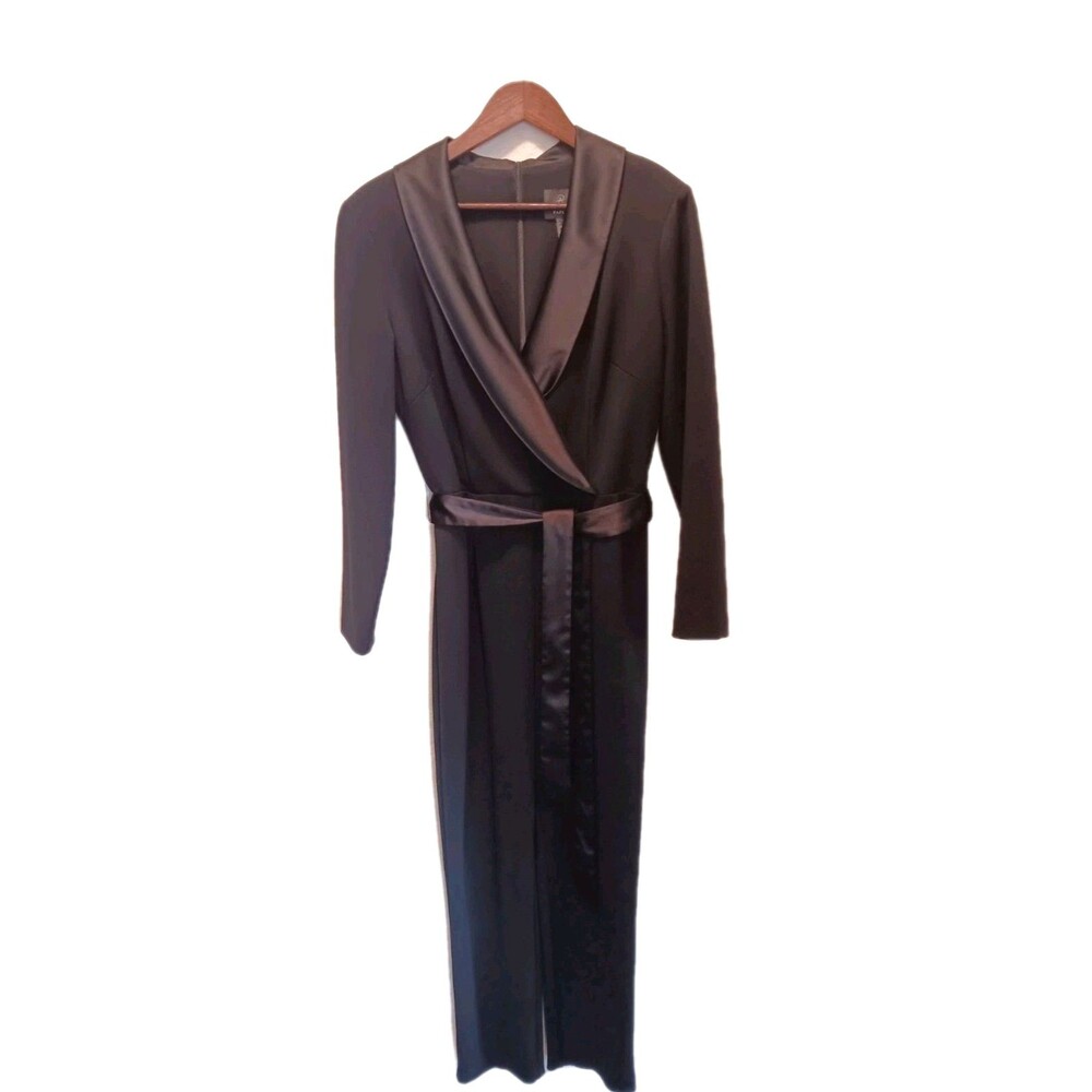 Adrianna Papell Black Tuxedo Jumpsuit Satin Shawl Lapel Tie Waist Long Sleeve 10